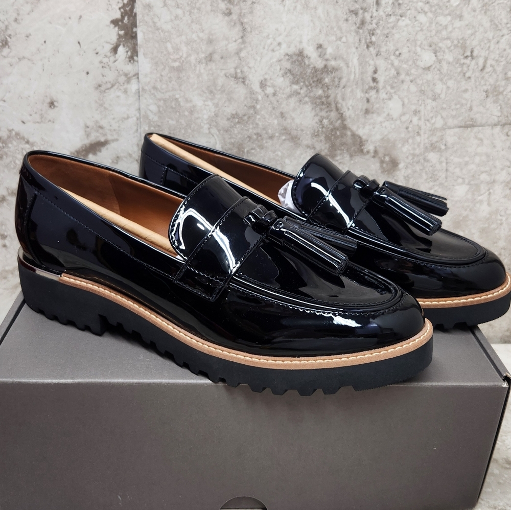 Franco Sarto Carolynn Black Patent Leather Loafers Tassle 8.5
